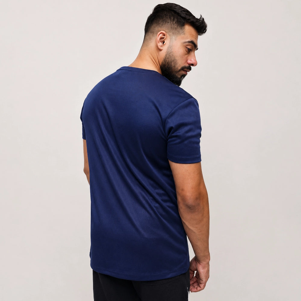Navy mesh tee shirt back view showing breathable fabric texture – ADAM