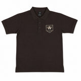 Brown embroidery polo folded flat lay showing soft cotton fabric texture