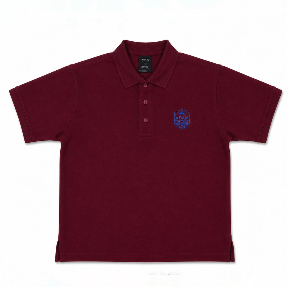 Maroon embroidery polo shirt collar and stitching detail