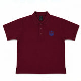 Maroon embroidery polo shirt collar and stitching detail