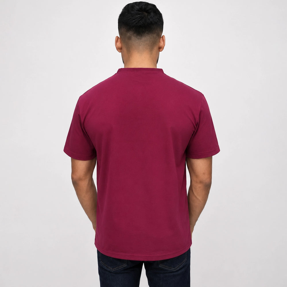 Maroon mesh jumper tee for men, back view showing fit and stitching