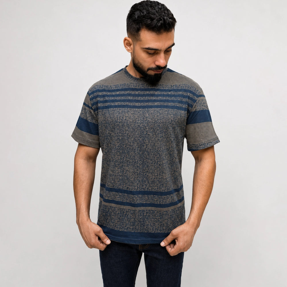 Front view of textured printed navy tee shirt, regular fit for men