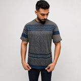 Front view of textured printed navy tee shirt, regular fit for men