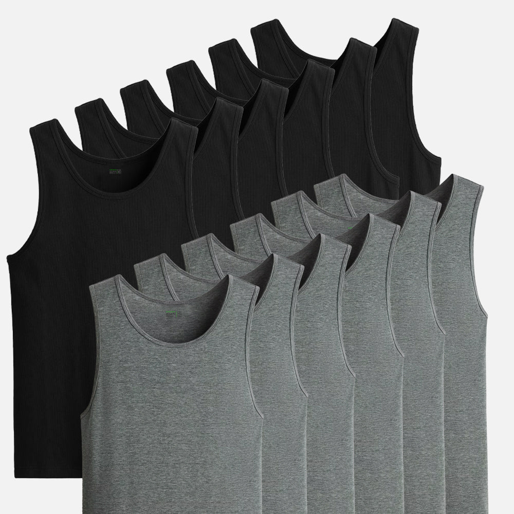 Men's 12 pack cotton vests in black and charcoal, sleeveless innerwear — Vest