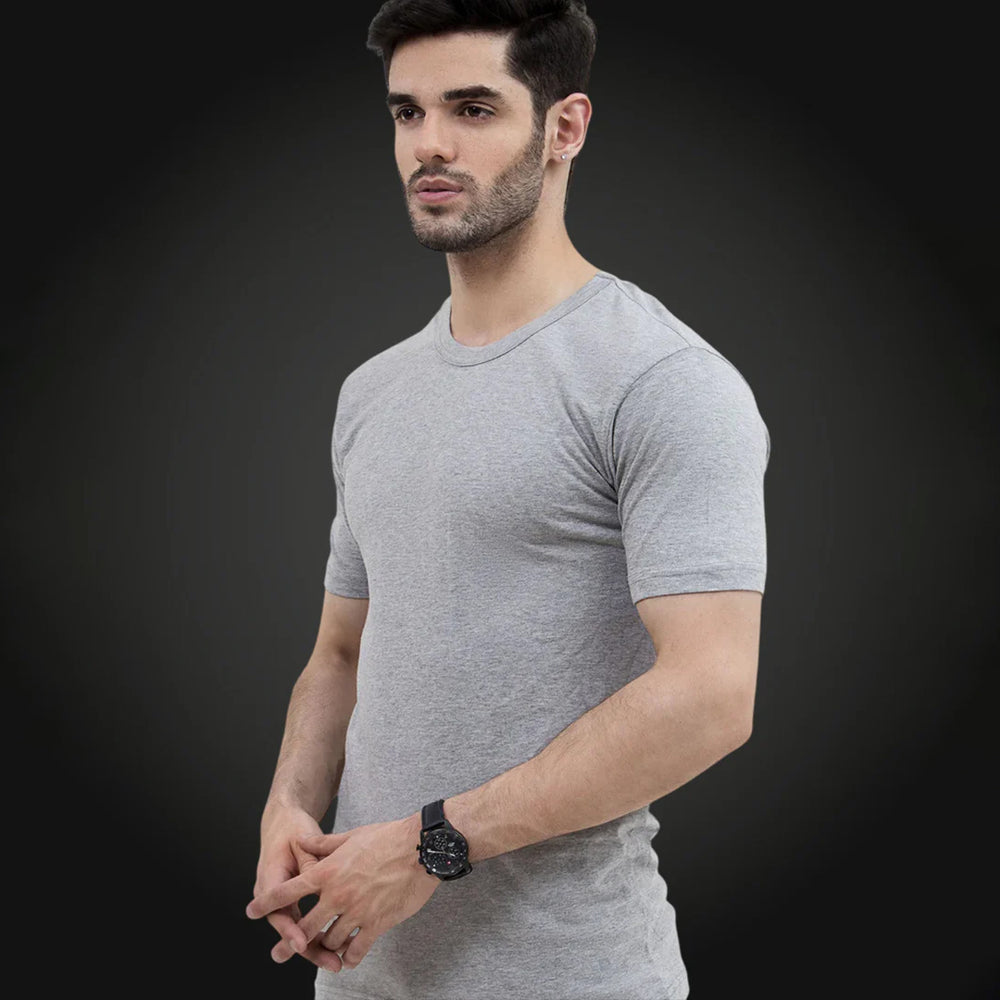 Grey Crew Neck Cotton Inner Tee For Men - Side Pose