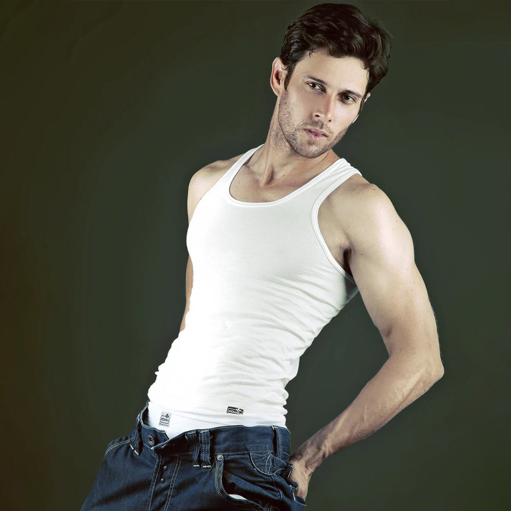 Men's White Classic Vest - Hand In Pocket Side Pose Model Shot