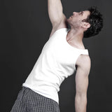 Men's White Classic Sleeveless Vest - Side Profile Arms Raised Pose