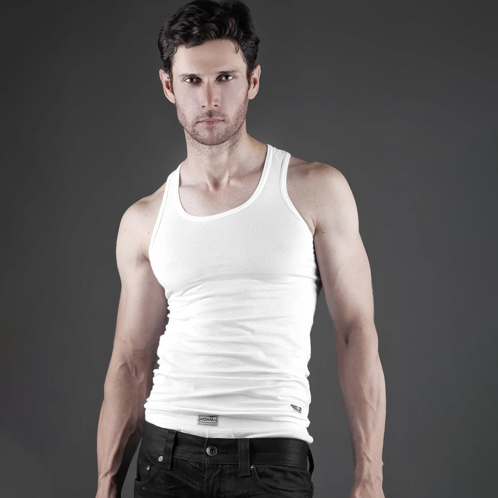 Men's White Classic Ribbed Vest - Front Standing Pose Model Shot