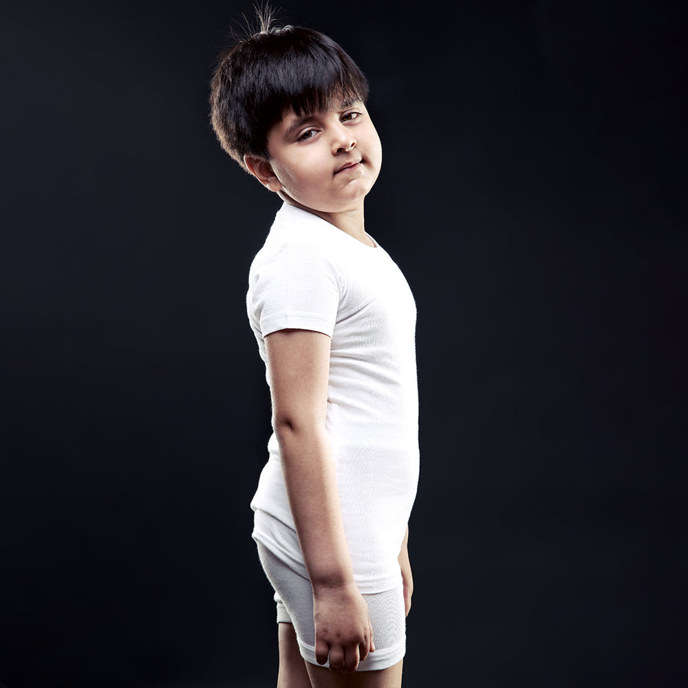 Boys' White Round Neck T-Shirt - Side Profile Standing Pose