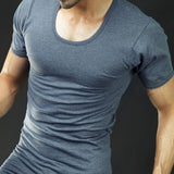 Men's blue scoop neck undershirt, fitted front view