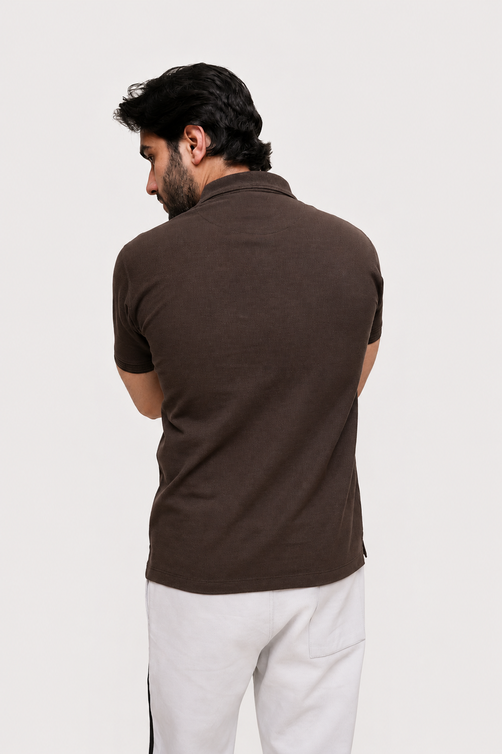 Brown embroidery polo for men, back view, ADAM Clothing