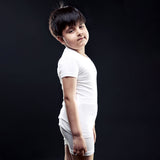 Boys' White Round Neck T-Shirt - Side Profile Standing Pose