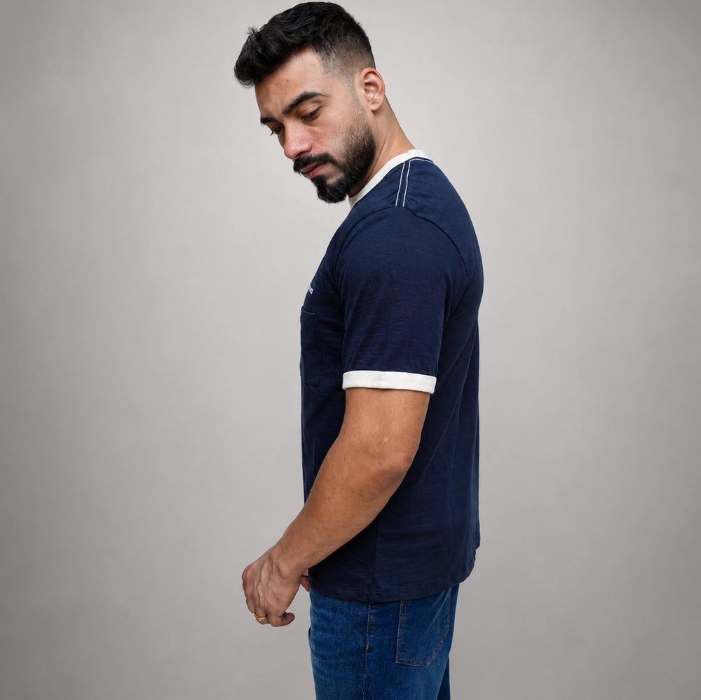 Navy blue t shirt side view showing relaxed regular fit
