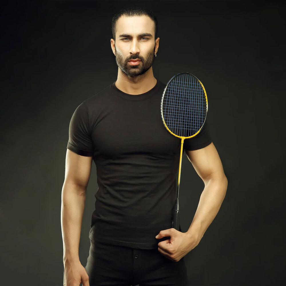 Men's Black Basic Inner Round Neck T-Shirt - Model Holding Badminton Racket Pose