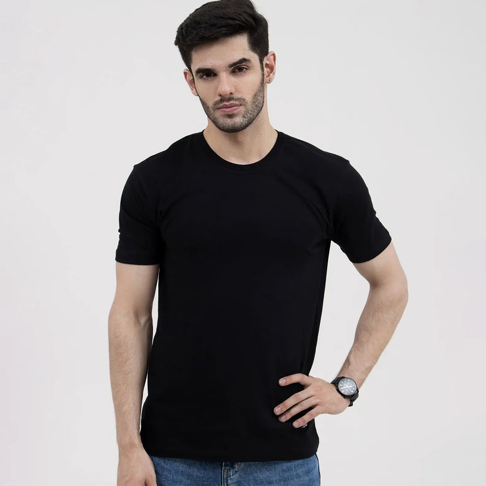 Men's Black Basic Inner Round Neck Tee - Front Standing Pose Hand On Hip Model Shot