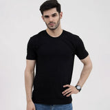 Men's Black Basic Inner Round Neck Tee - Front Standing Pose Hand On Hip Model Shot