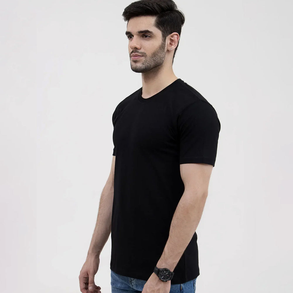 Men's Black Basic Inner Round Neck T-Shirt - Side Profile Standing Pose Model Shot