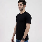 Men's Black Basic Inner Round Neck T-Shirt - Side Profile Standing Pose Model Shot