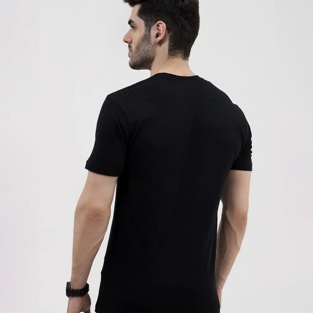 Men's Black Basic Inner Round Neck Tee - Back View Standing Pose Model Shot