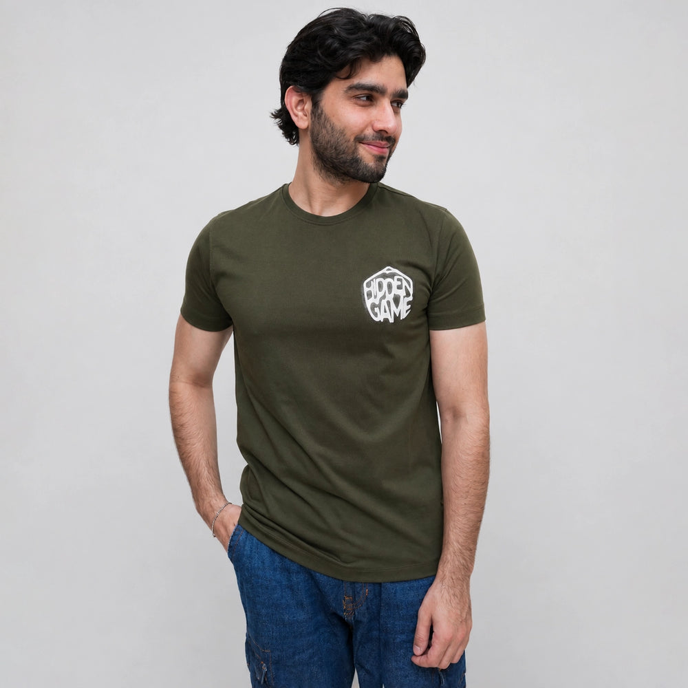 Olive graphic t-shirt front view oversized fit for men