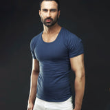 Men's navy blue scoop neck undershirt, fitted front view