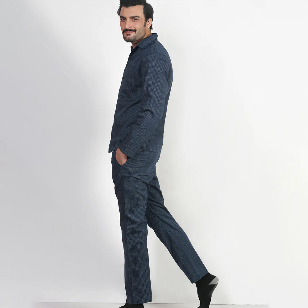 Navy Blue Cotton Nightwear Set For Men - Side Walking Pose