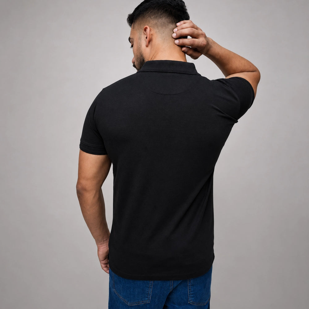 Black polo shirt back view, regular fit, breathable cotton fabric