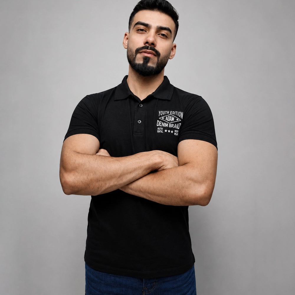 Black embroidery polo shirt for men, front view, ADAM Clothing