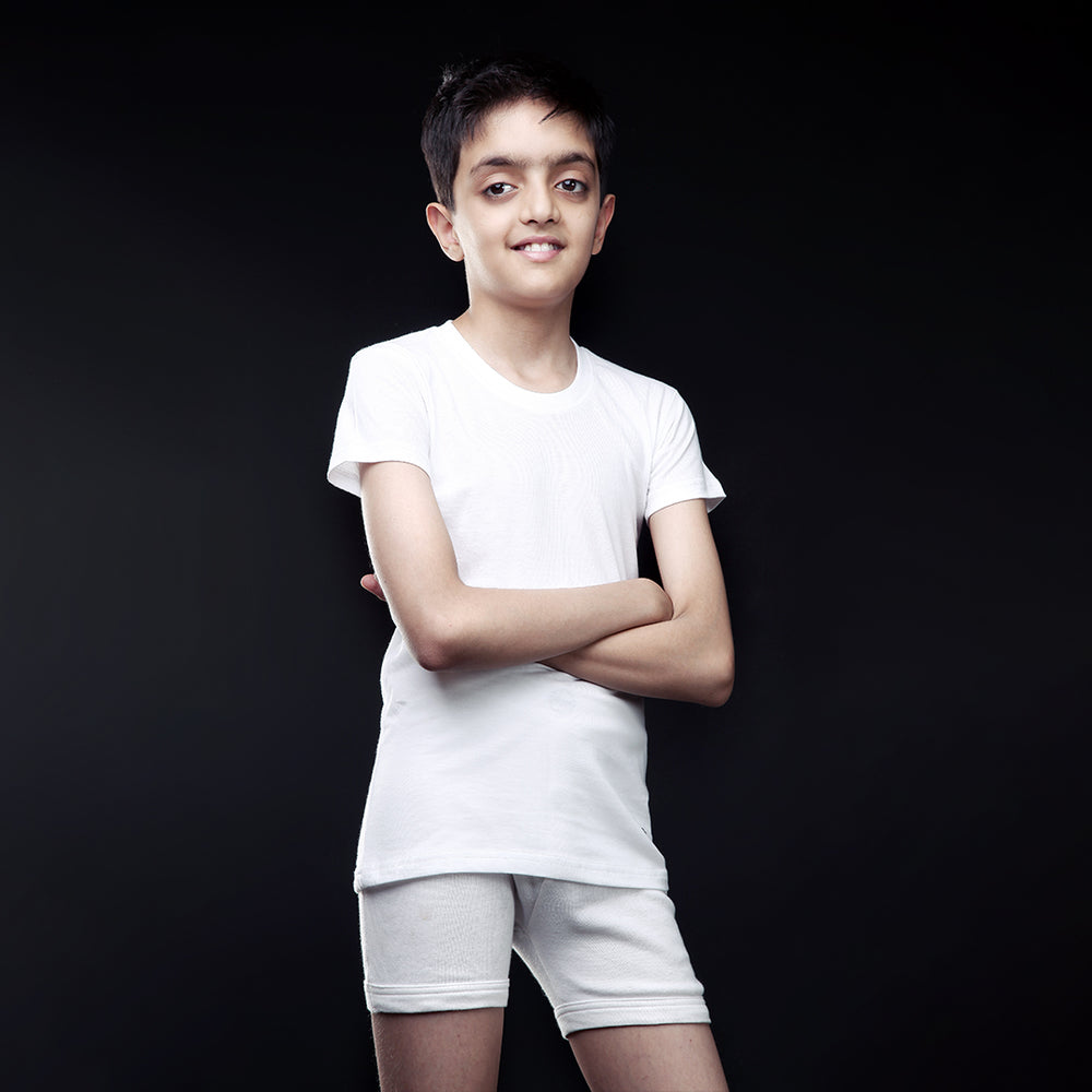 Boys' White T-Shirt And Shorts Set - Arms Crossed Front Pose