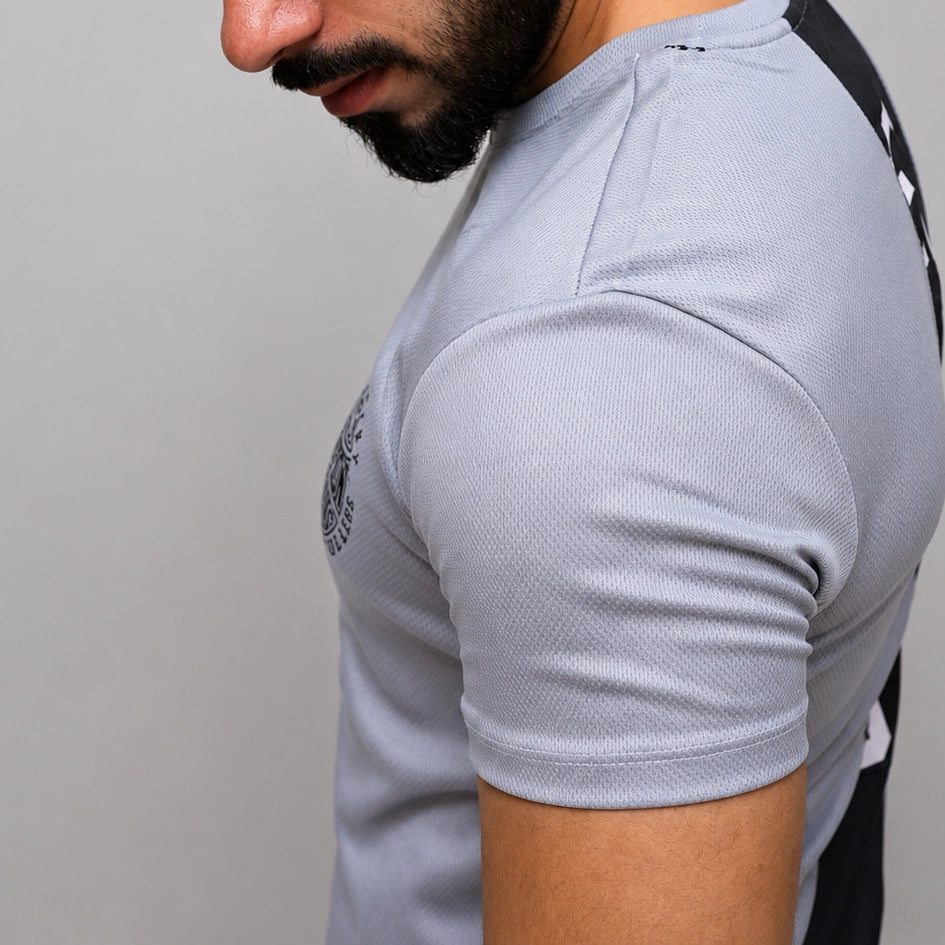 Grey Graphic t shirt close up fabric texture cotton