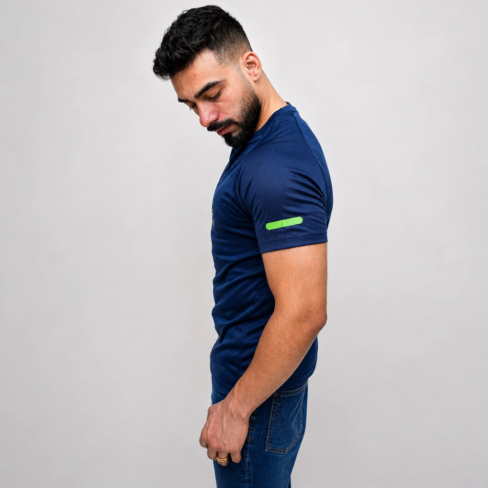 Navy mesh tee shirt side view relaxed fit