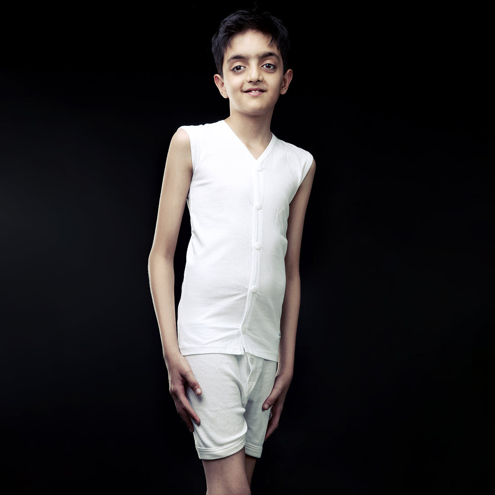 White Open Vest For Boys - Side Profile Standing Pose