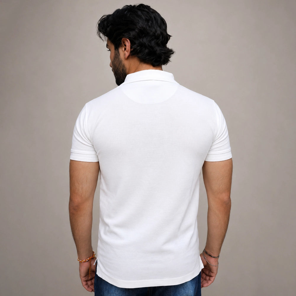 White polo shirt men back view soft cotton fabric