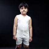 Boys' White Sleeveless Open Vest - Front Standing Full Body Pose