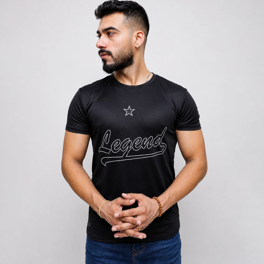Graphic Poly Mesh Tee Shirt Black front view with bold chest print – ADAM