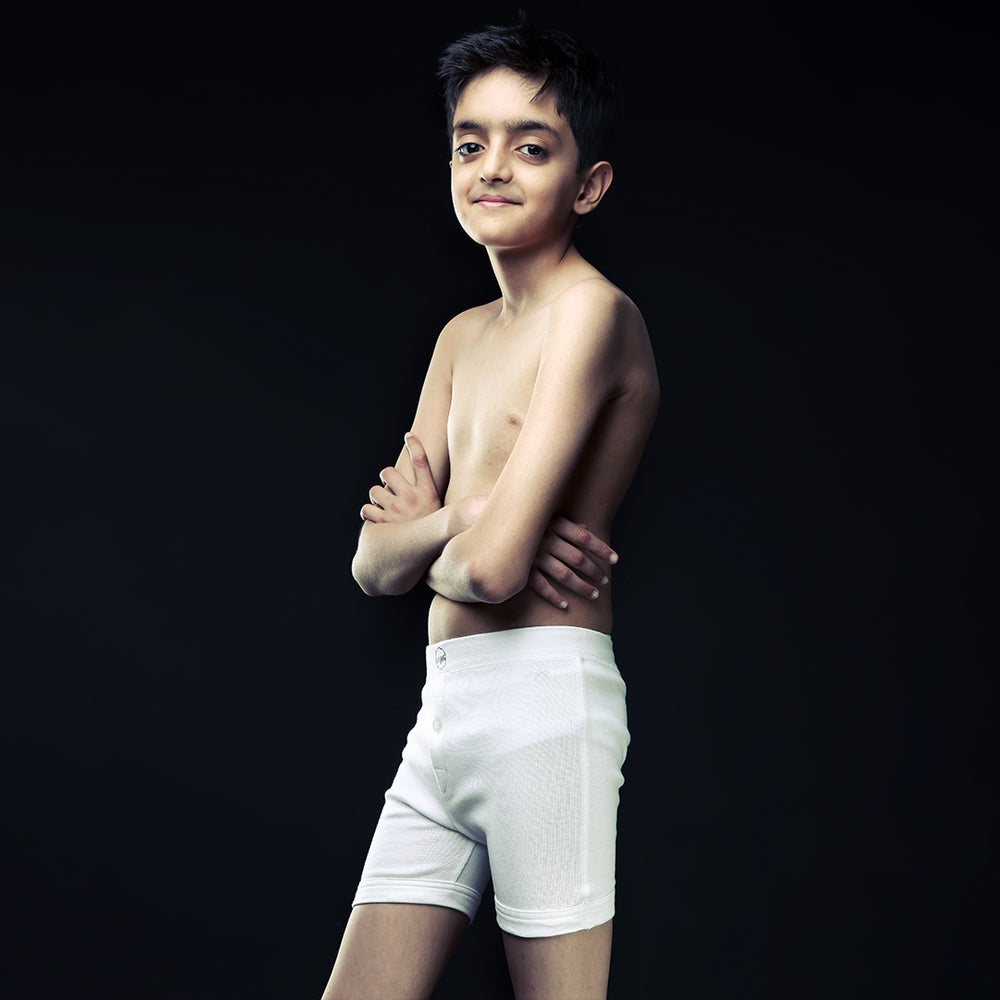 White Cotton Boxer Brief For Boys - Side Pose