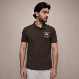 Brown embroidery polo for men, front view, regular fit cotton shirt — ADAM Clothing