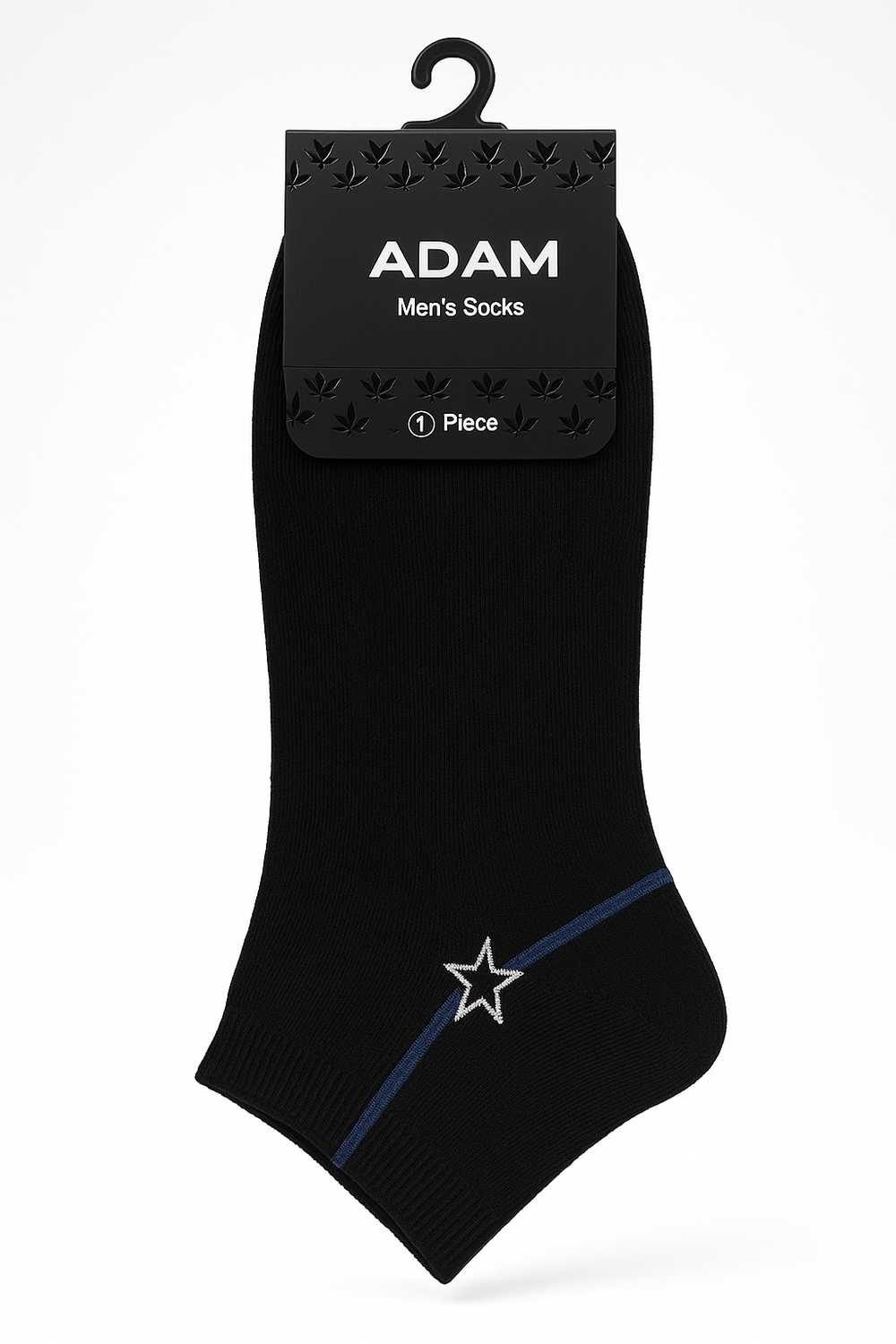 ADAM brand men's black ankle socks on hanger, white background, product packaging shot