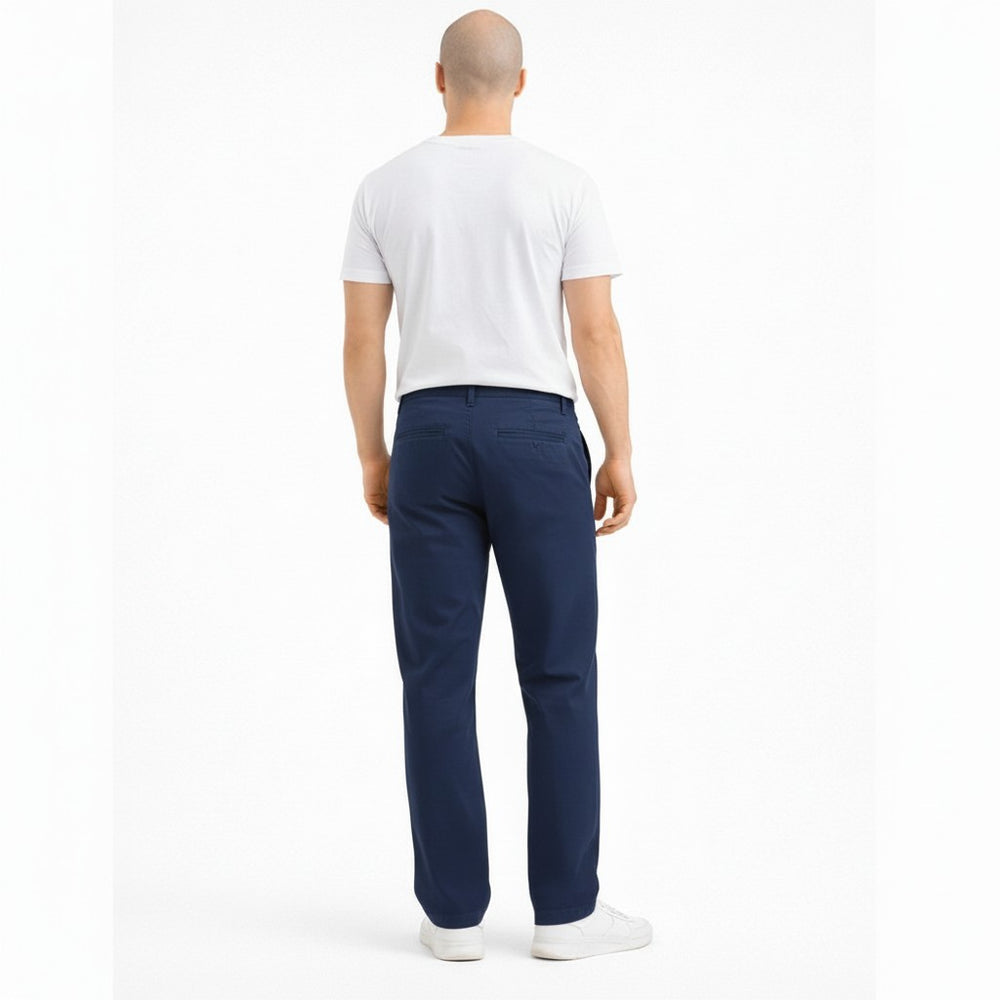 Men's navy blue chinos pants back view, relaxed fit cotton trousers with back pockets — Chinos_1a_Recolor