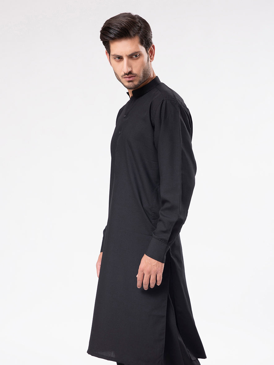 Men's black shalwar suit side view – relaxed structured fit – affordable menswear Pakistan