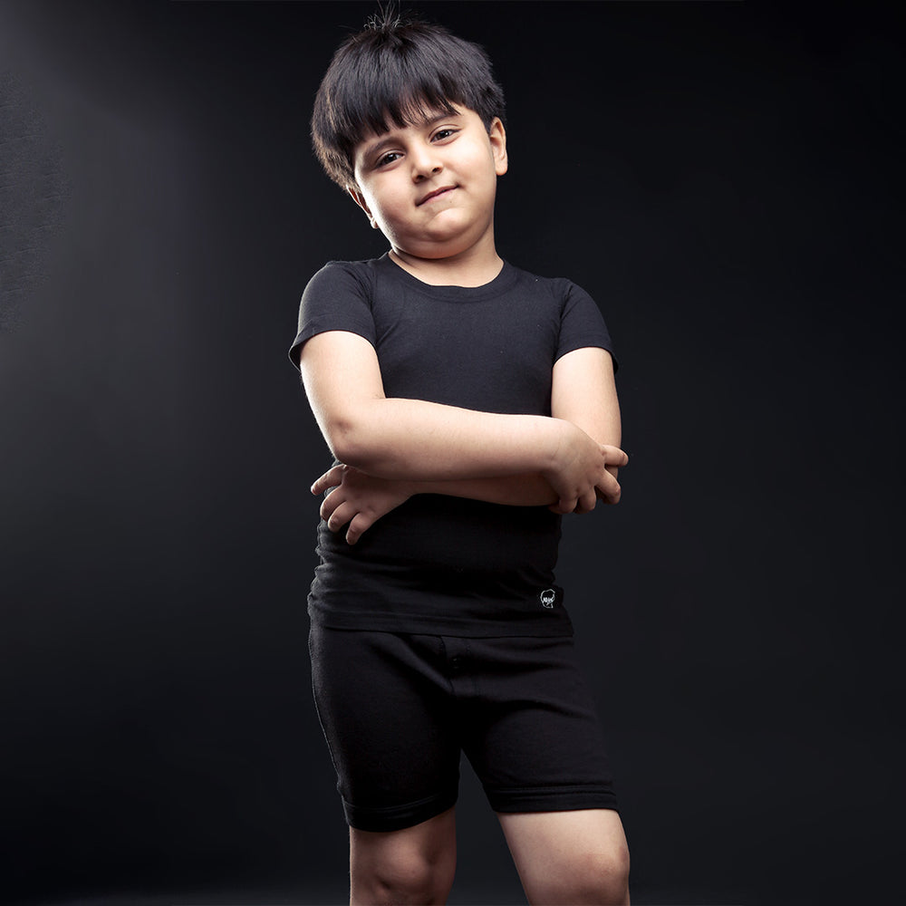 Boys' Black Half Sleeve T-Shirt - Arms Crossed Side Pose