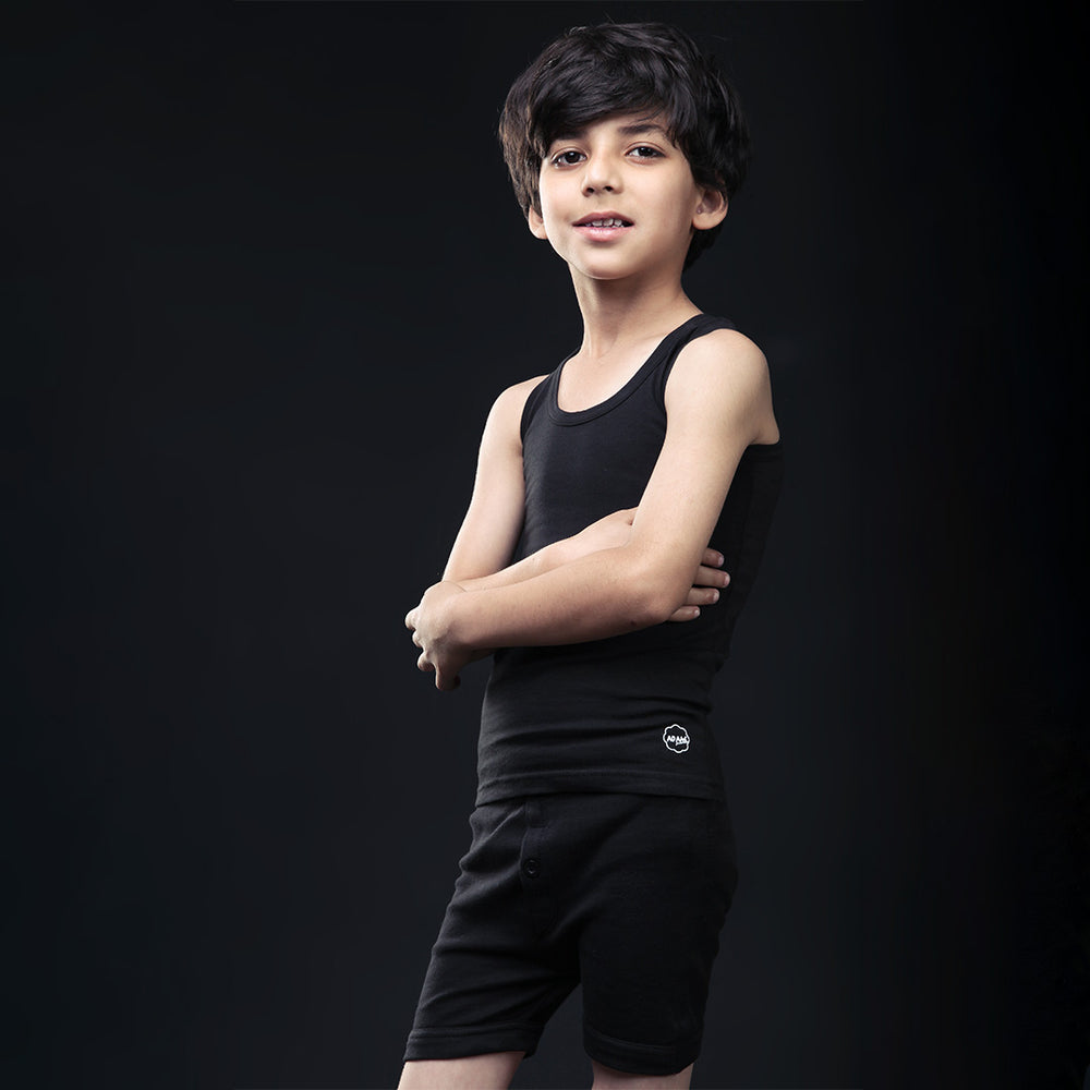 Boys' Black Sleeveless Casual Vest - Arms Crossed Side Pose