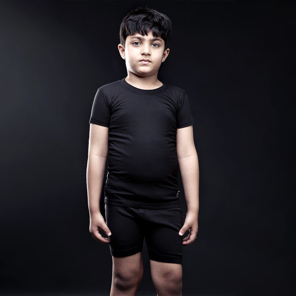 Boys' Black T-Shirt And Shorts Set - Front Standing Pose
