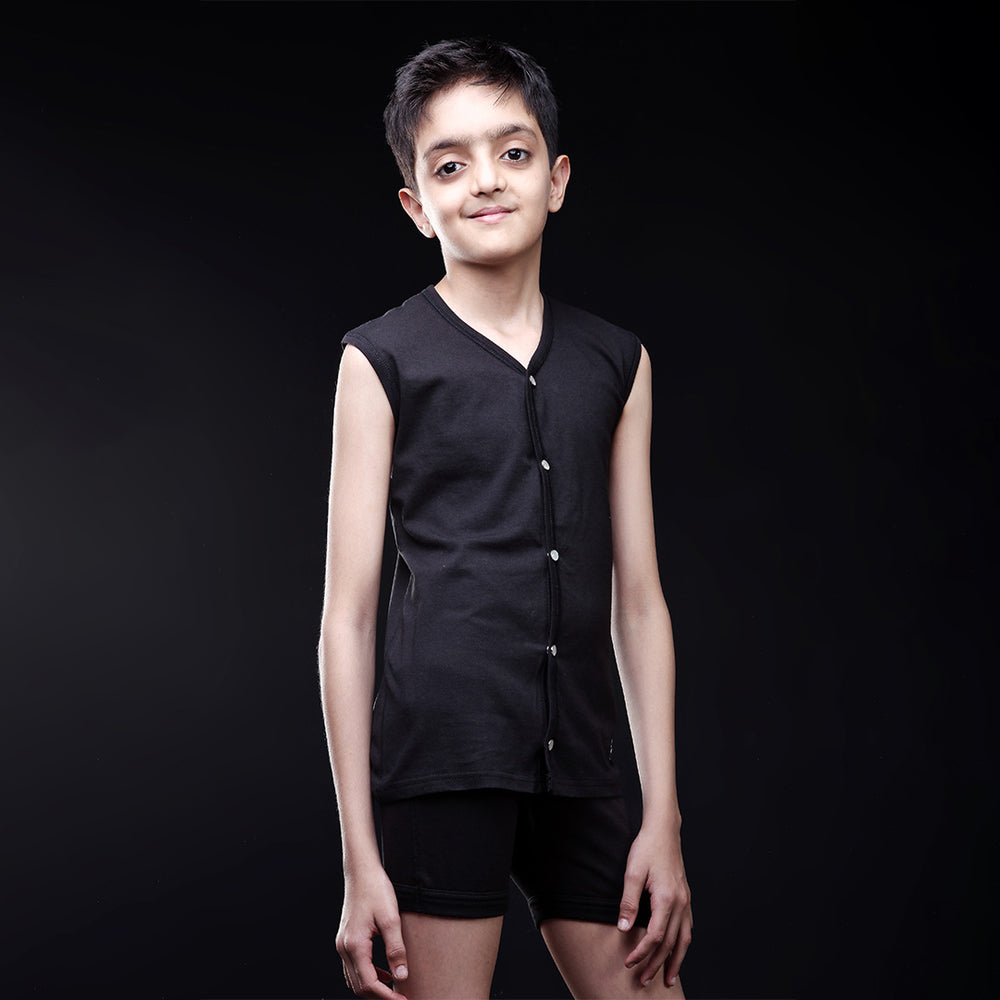 Black Open Vest For Boys - Front Standing Pose
