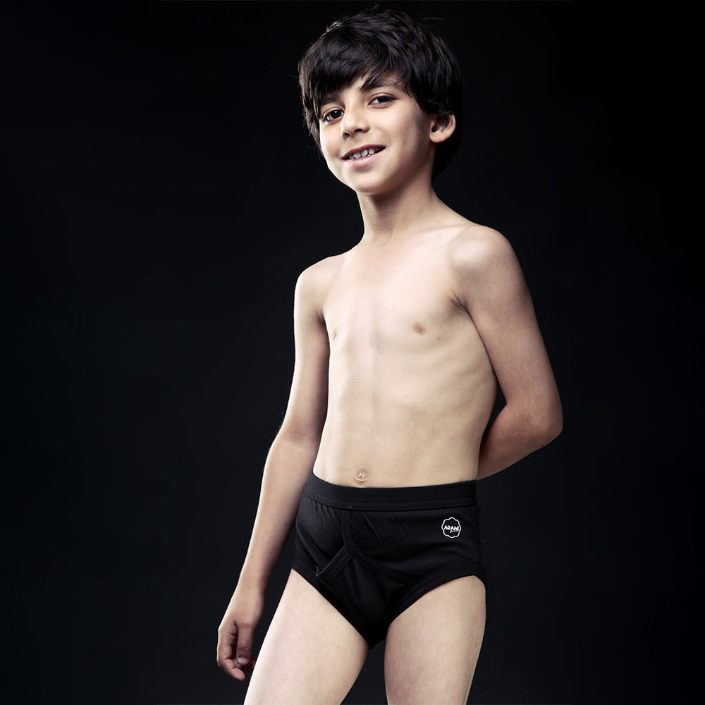 Boys' Black Brief Underwear - Model Standing Pose On Black Background