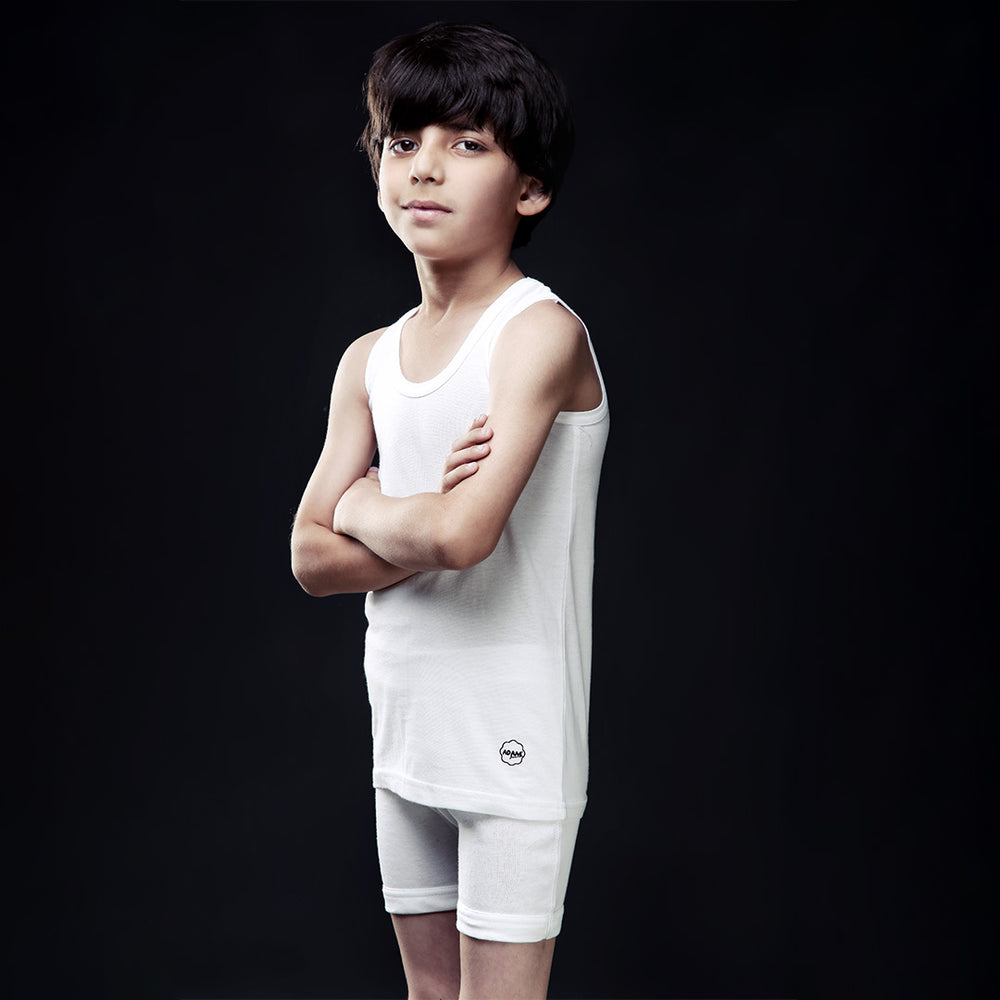 Boys' White Casual Vest And Shorts Set - Arms Crossed Front Pose