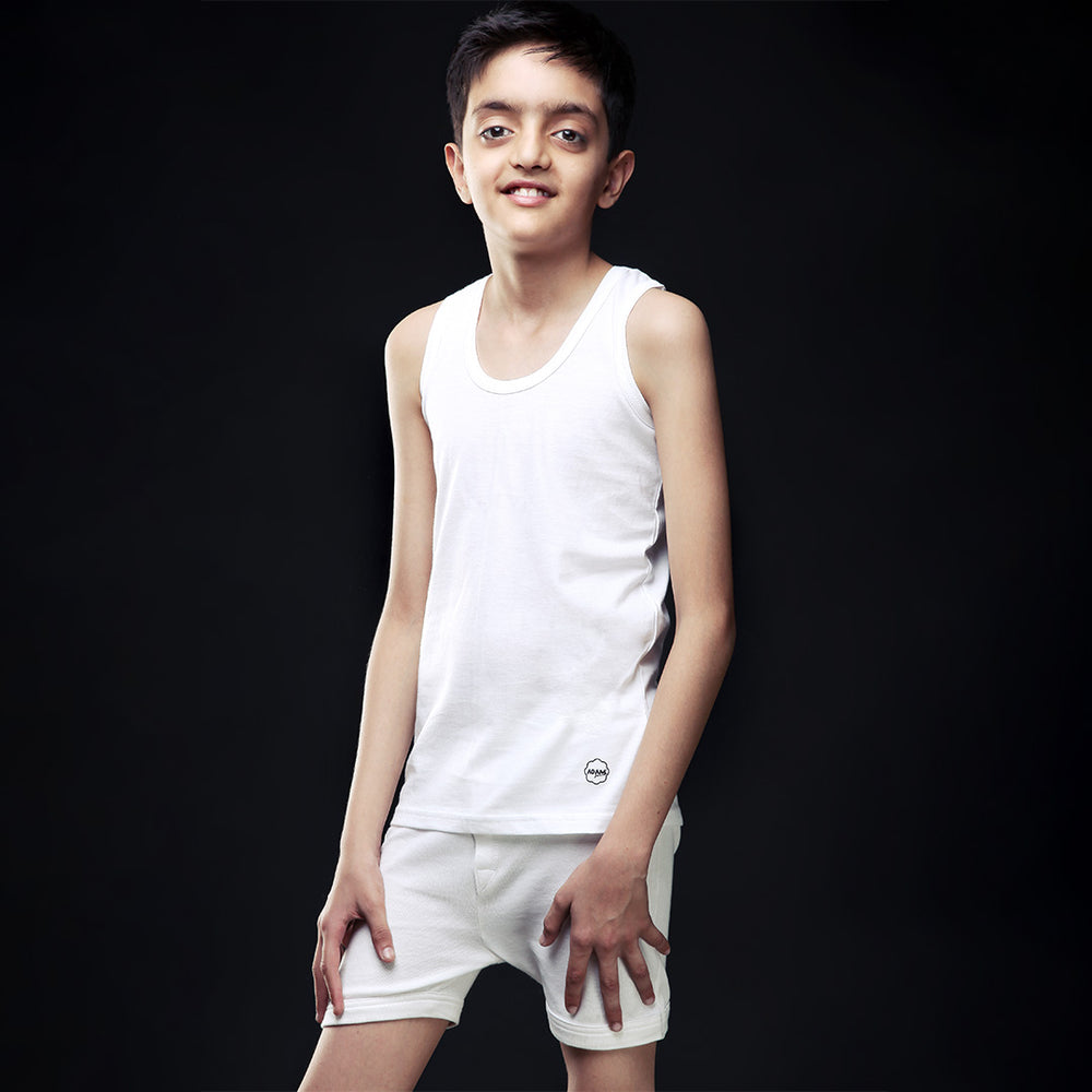 Boys' White Sleeveless Casual Vest - Arms Crossed Side Pose