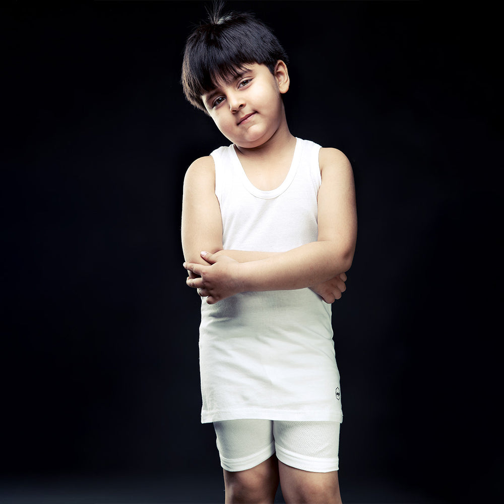 Boys' White Casual Vest And Shorts Set - Arms Crossed Front Pose