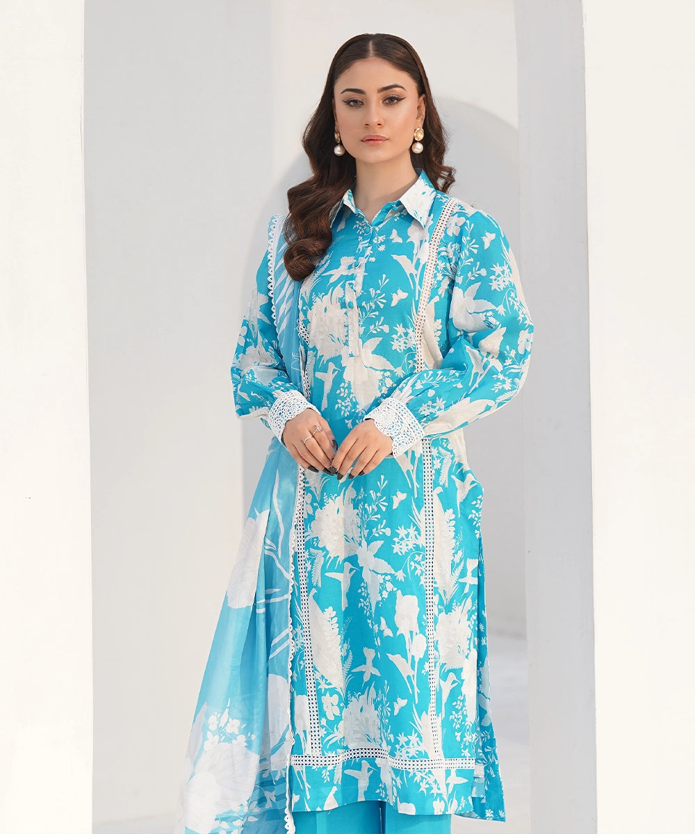 Blue floral printed kurta with dupatta, front standing pose — Blue4