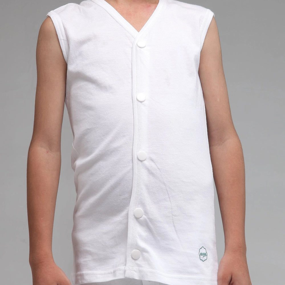 White Sleeveless Open Vest For Boys - Side Profile Detail Shot